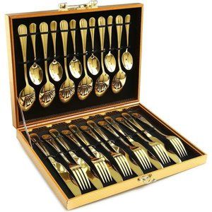 Gold Silverware Set, OGORI 24-Piece Gold Forged Stainless Steel Flatware Set